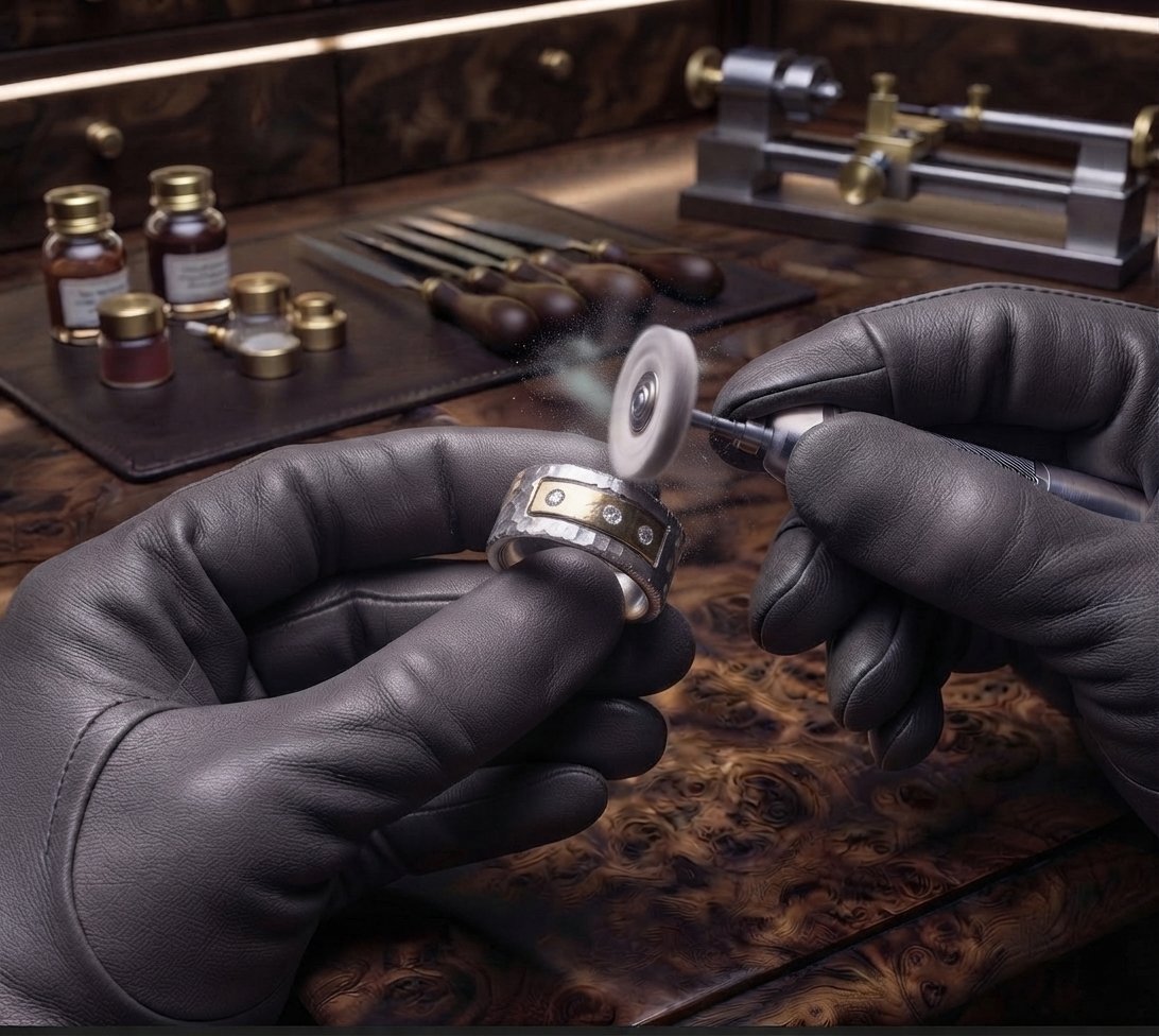 Orfebre puliendo un anillo a mano en el taller